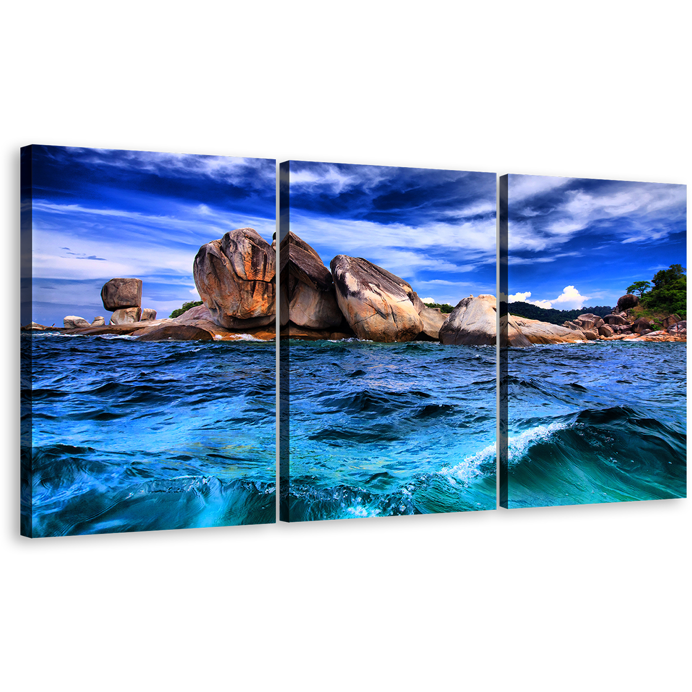 Tempest Rocks Canvas Print, Brown Ocean Rocks Triptych Multi Canvas Artwork, Blue Tempest Ocean Waves 3 Piece Canvas Wall Art