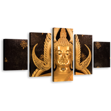 Load image into Gallery viewer, Temple Statue Canvas Wall Art, Lord Buddha 5 Piece Canvas, Gold Buddha Canvas Print
