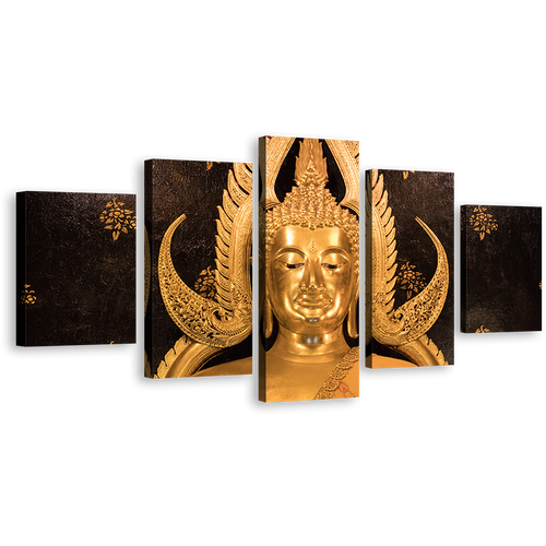 Temple Statue Canvas Wall Art, Lord Buddha 5 Piece Canvas, Gold Buddha Canvas Print