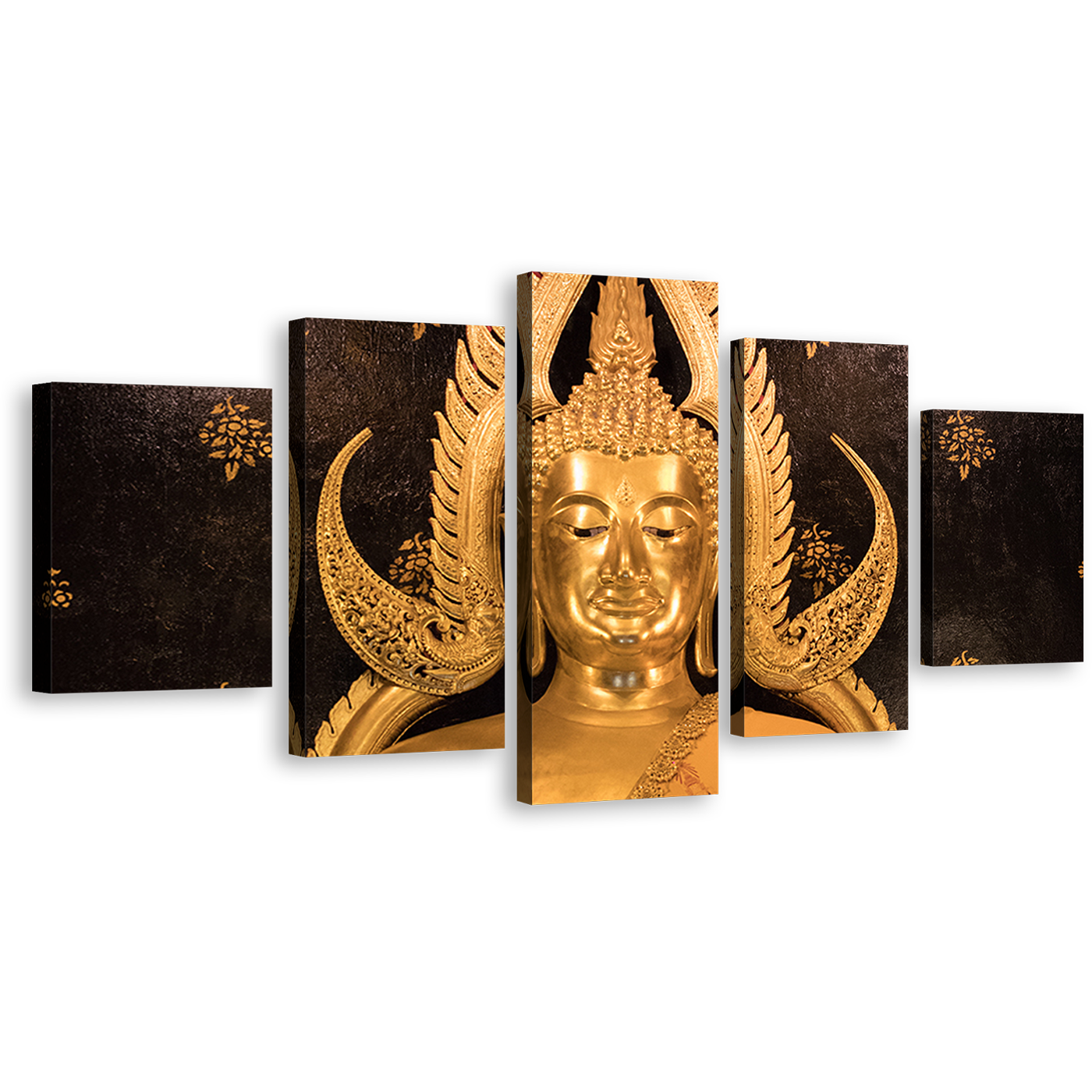 Temple Statue Canvas Wall Art, Lord Buddha 5 Piece Canvas, Gold Buddha Canvas Print