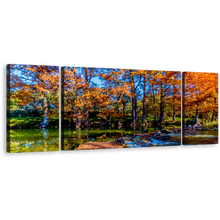 Load image into Gallery viewer, Texas Forest Canvas Wall Art, Fall Orange Trees Triptych Canvas Print, Guadalupe Blue Sky River 3 Piece Multi Canvas Artwork
