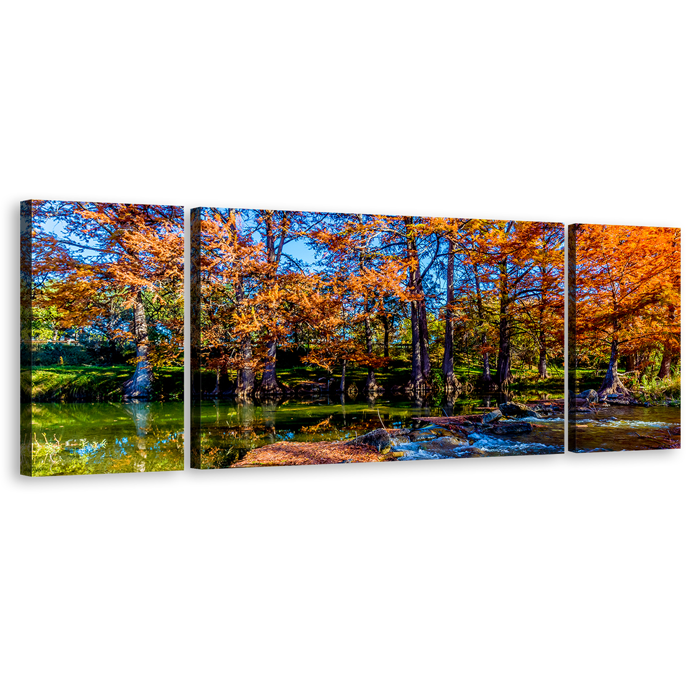 Texas Forest Canvas Wall Art, Fall Orange Trees Triptych Canvas Print, Guadalupe Blue Sky River 3 Piece Multi Canvas Artwork