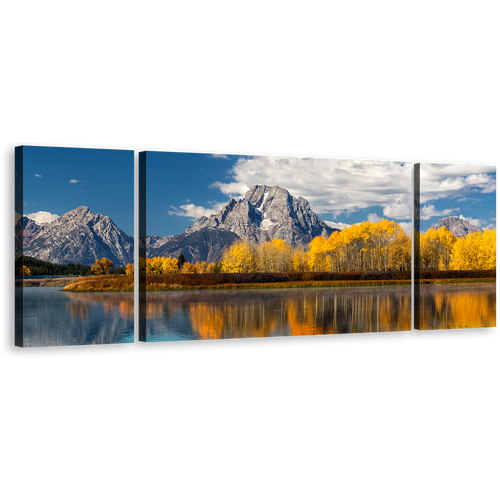 Texas Landscape Canvas Wall Art, Guadalupe Blue River Triptych Canvas Set, Yellow Fall Trees Sky Mountain 3 Piece Canvas Print