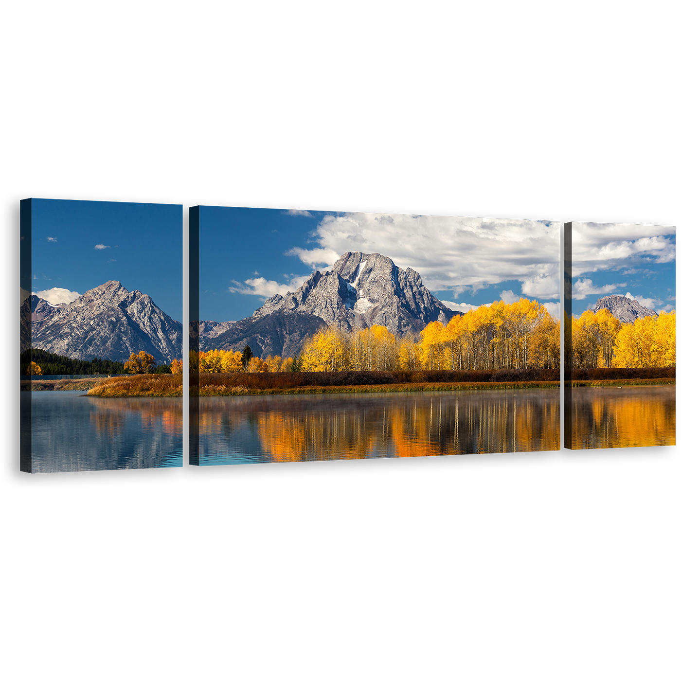 Texas Landscape Canvas Wall Art, Guadalupe Blue River Triptych Canvas Set, Yellow Fall Trees Sky Mountain 3 Piece Canvas Print