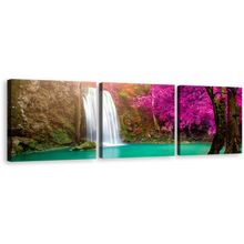 Load image into Gallery viewer, Thailand Autumn Canvas Wall Art, Green River Waterfall Scenery Canvas Print, Thailand Purple Trees Forest Waterfall 3 Piece Canvas
