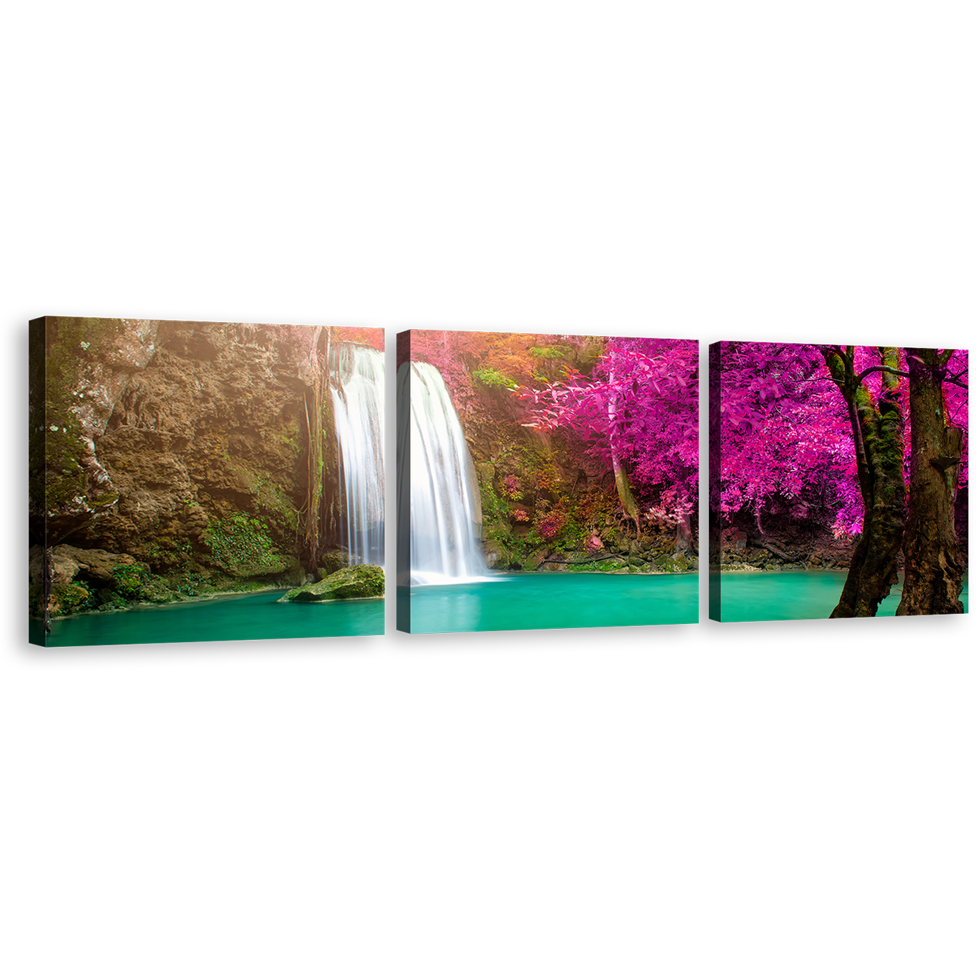 Thailand Autumn Canvas Wall Art, Green River Waterfall Scenery Canvas Print, Thailand Purple Trees Forest Waterfall 3 Piece Canvas