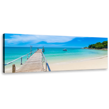 Load image into Gallery viewer, Thailand Beach Canvas Print, Blue Sky Clear Beach Wall Art, Brown Pier Green Mountains Ocean Panorama Canvas Art
