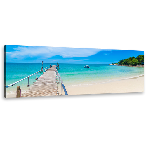 Thailand Beach Canvas Print, Blue Sky Clear Beach Wall Art, Brown Pier Green Mountains Ocean Panorama Canvas Art