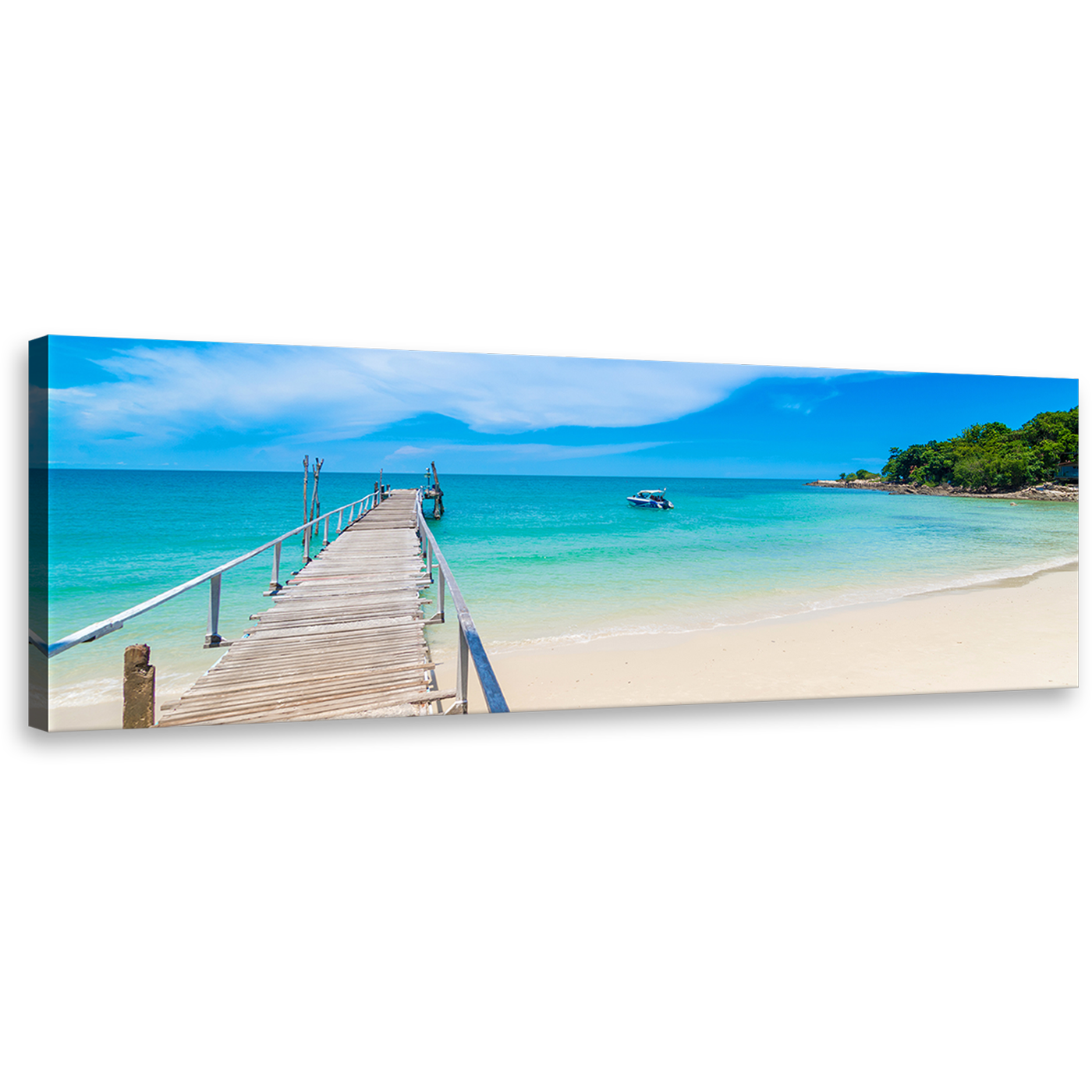 Thailand Beach Canvas Print, Blue Sky Clear Beach Wall Art, Brown Pier Green Mountains Ocean Panorama Canvas Art