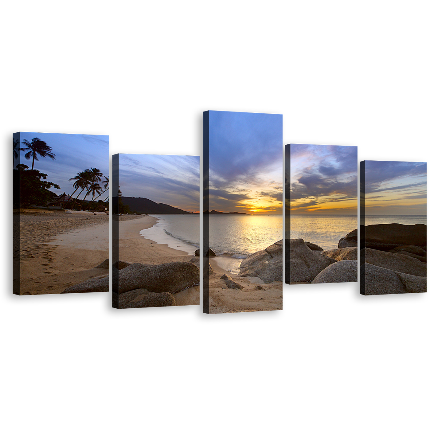 Thailand Beach Canvas Print, Brown Lamai Beach Sunset Canvas Set, Blue Cloudy Sky Ocean 5 Piece Canvas Wall Art