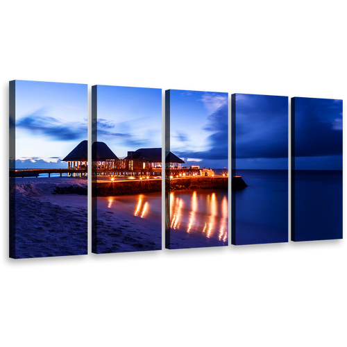 Thailand Beach Canvas Print, Resort Under Starlit Blue Sky Multi Canvas, Orange Ocean Beaches 4 Piece Wall Art