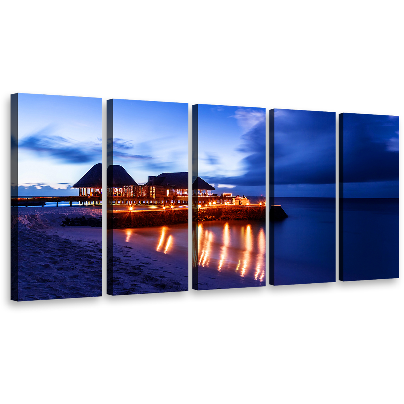 Thailand Beach Canvas Print, Resort Under Starlit Blue Sky Multi Canvas, Orange Ocean Beaches 4 Piece Wall Art