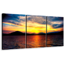 Load image into Gallery viewer, Thailand Beach Canvas Wall Art, Black Ocean Mountains at Dawn 3 Piece Canvas Print, Yellow Sky Orange Ocean Triptych Multi Canvas Artwork
