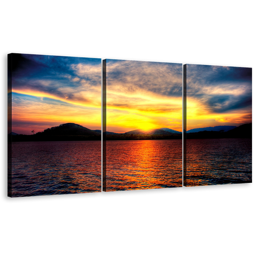 Thailand Beach Canvas Wall Art, Black Ocean Mountains at Dawn 3 Piece Canvas Print, Yellow Sky Orange Ocean Triptych Multi Canvas Artwork