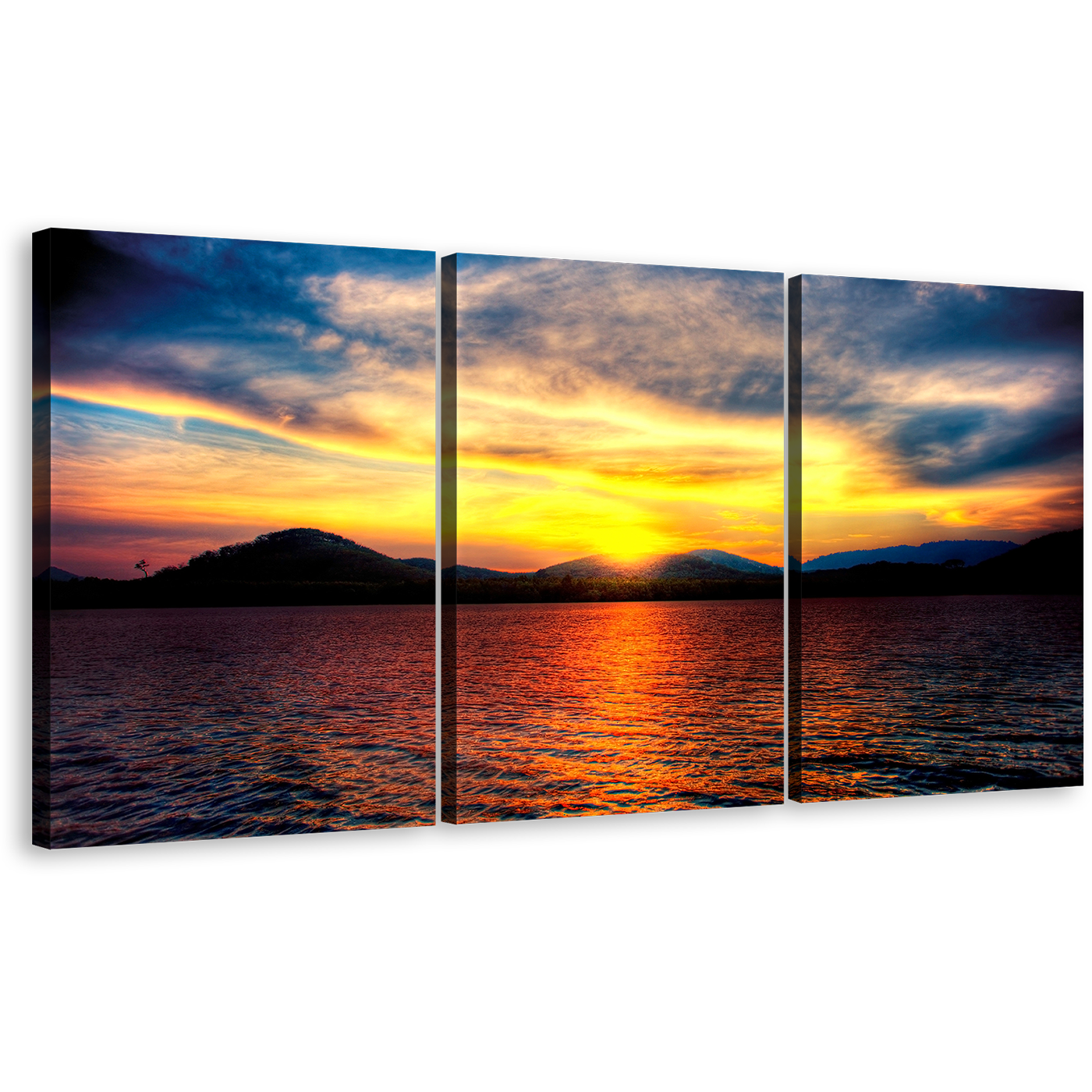 Thailand Beach Canvas Wall Art, Black Ocean Mountains at Dawn 3 Piece Canvas Print, Yellow Sky Orange Ocean Triptych Multi Canvas Artwork