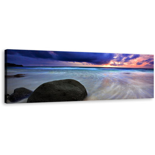 Thailand Beach Canvas Wall Art, Grey Ocean Rocks Boulders 1 Piece Canvas Print, Dramatic Blue Clouds Sky Sea Wide Canvas