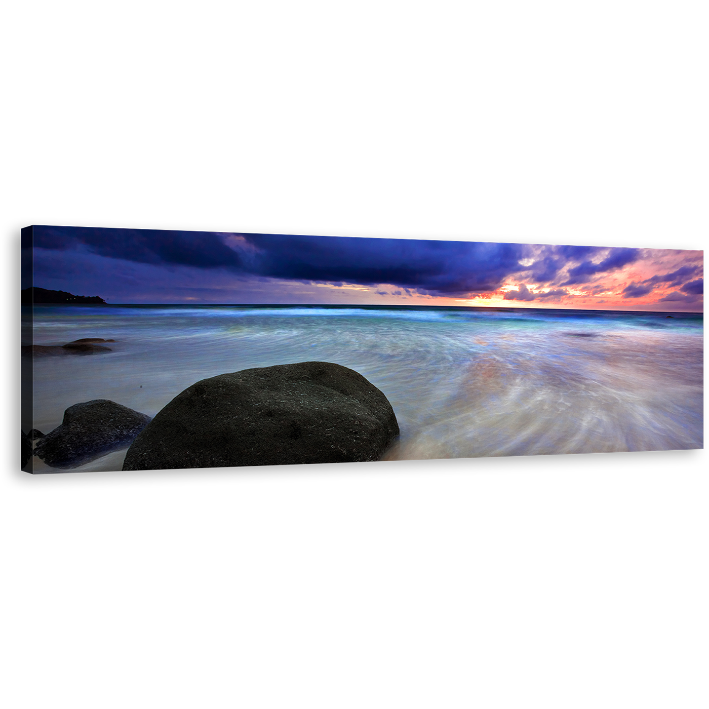 Thailand Beach Canvas Wall Art, Grey Ocean Rocks Boulders 1 Piece Canvas Print, Dramatic Blue Clouds Sky Sea Wide Canvas