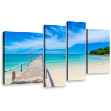 Load image into Gallery viewer, Thailand Beach Wall Art, Brown Pier Green Mountain Canvas Print, Blue Ocean Beach Sky 4 Piece Canvas Print
