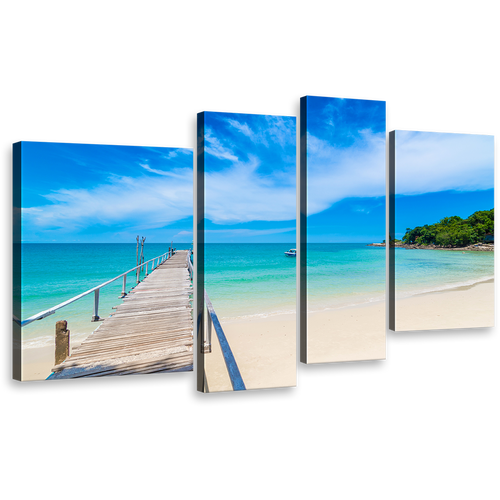 Thailand Beach Wall Art, Brown Pier Green Mountain Canvas Print, Blue Ocean Beach Sky 4 Piece Canvas Print