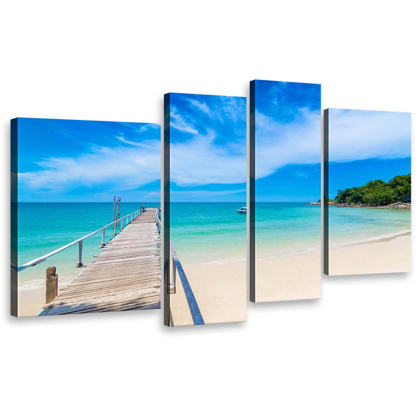 Thailand Beach Wall Art, Brown Pier Green Mountain Canvas Print, Blue Ocean Beach Sky 4 Piece Canvas Print