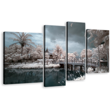 Load image into Gallery viewer, Thailand Bridge Wall Art, Beautiful White Trees Scenery Canvas Set, Wat Chalerm Grey River 4 Piece Canvas Print
