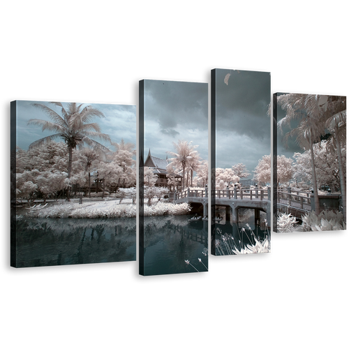 Thailand Bridge Wall Art, Beautiful White Trees Scenery Canvas Set, Wat Chalerm Grey River 4 Piece Canvas Print