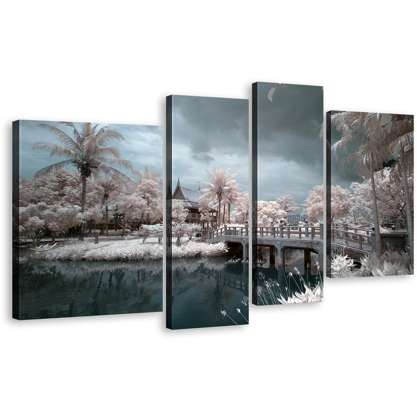 Thailand Bridge Wall Art, Beautiful White Trees Scenery Canvas Set, Wat Chalerm Grey River 4 Piece Canvas Print