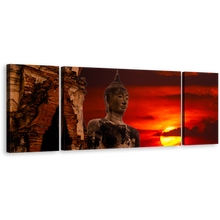 Load image into Gallery viewer, Thailand Buddha Canvas Wall Art, Big Oldest Brown Buddha Statue 3 Piece Canvas Print, Cloudy Red Sky Sunset Buddha Canvas Set
