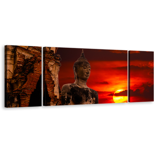 Thailand Buddha Canvas Wall Art, Big Oldest Brown Buddha Statue 3 Piece Canvas Print, Cloudy Red Sky Sunset Buddha Canvas Set