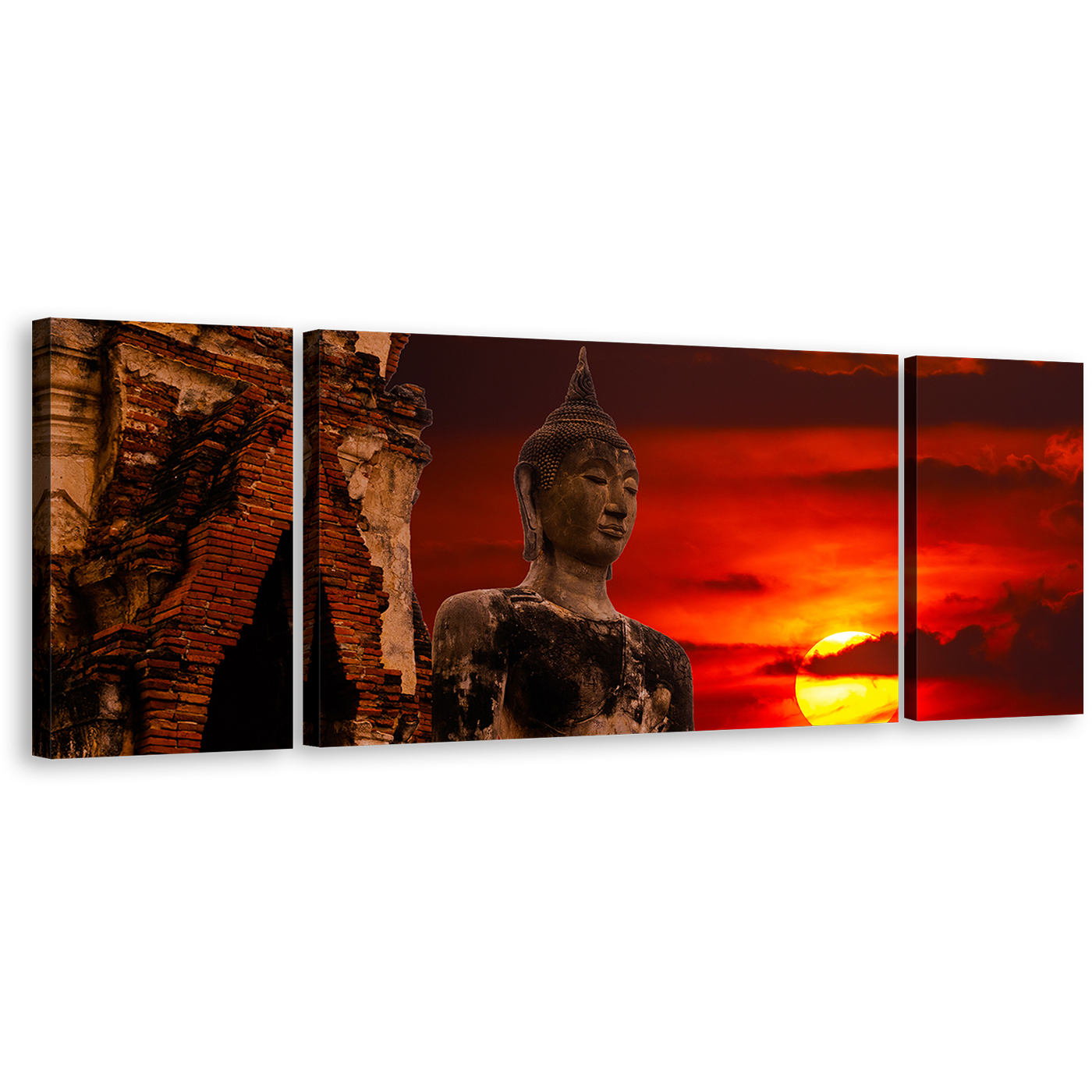 Thailand Buddha Canvas Wall Art, Big Oldest Brown Buddha Statue 3 Piece Canvas Print, Cloudy Red Sky Sunset Buddha Canvas Set