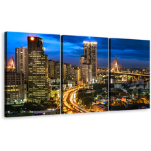 Load image into Gallery viewer, Thailand City Canvas Wall Art, Blue Sky City Lights Triptych Multiple Canvas, Bangkok Brown City Night View 3 Piece Canvas Print
