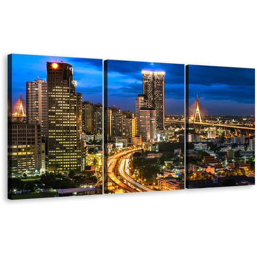 Thailand City Canvas Wall Art, Blue Sky City Lights Triptych Multiple Canvas, Bangkok Brown City Night View 3 Piece Canvas Print