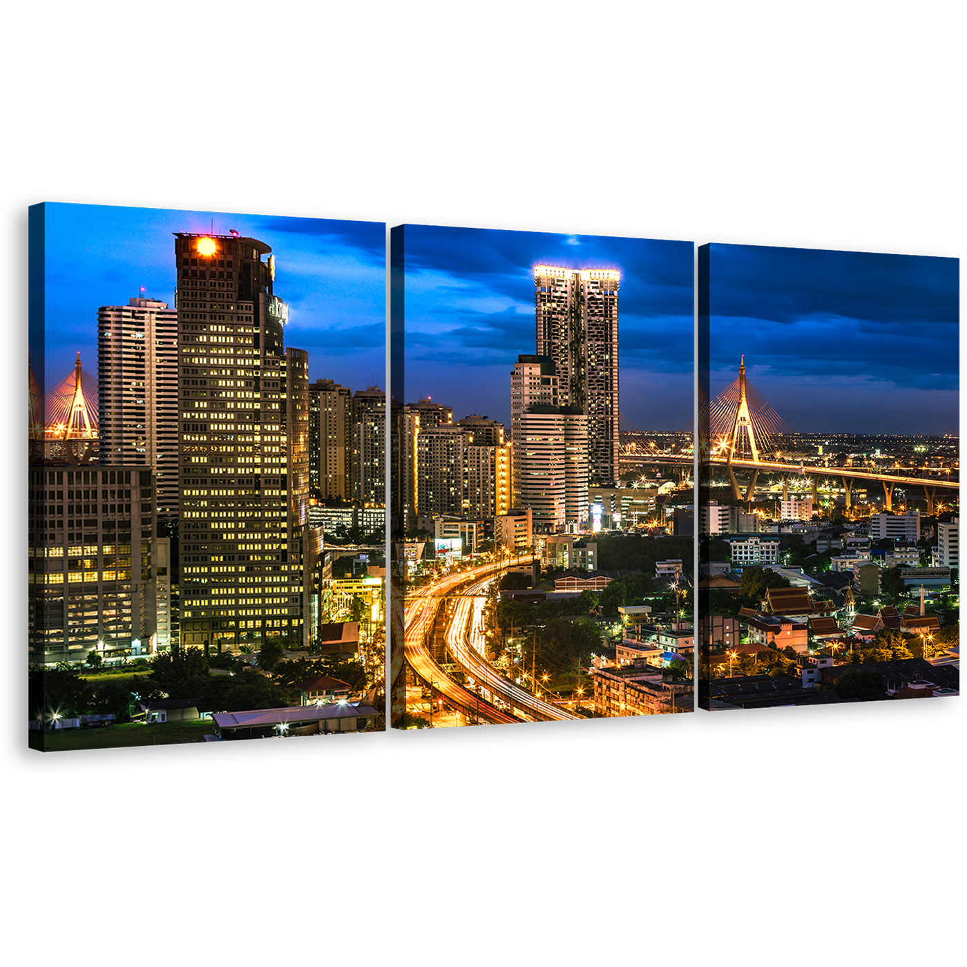 Thailand City Canvas Wall Art, Blue Sky City Lights Triptych Multiple Canvas, Bangkok Brown City Night View 3 Piece Canvas Print