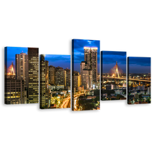 Load image into Gallery viewer, Thailand Cityscape Canvas Wall Art, Bangkok Yellow City Lights 5 Piece Canvas Print, Beautiful Blue Sky City Multi Canvas Artwork
