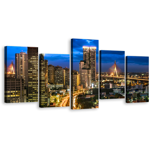 Thailand Cityscape Canvas Wall Art, Bangkok Yellow City Lights 5 Piece Canvas Print, Beautiful Blue Sky City Multi Canvas Artwork