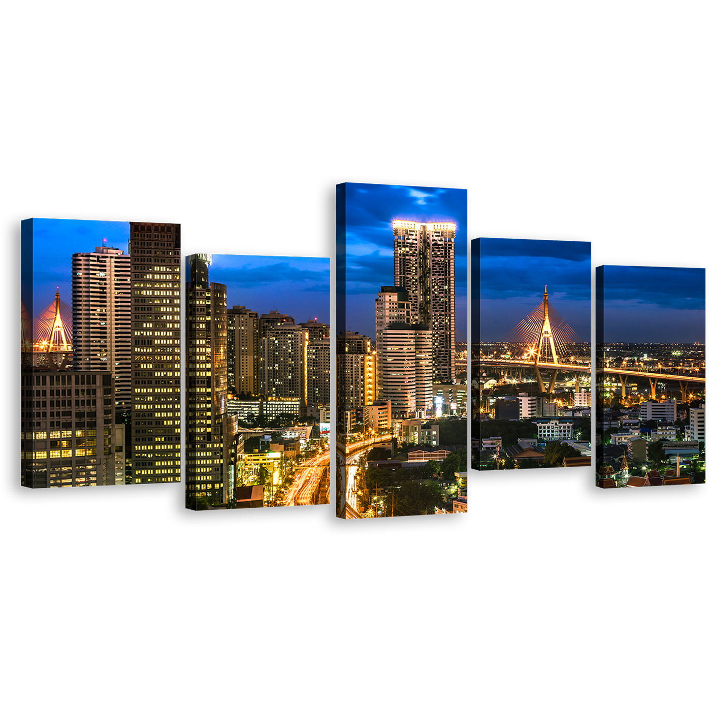 Thailand Cityscape Canvas Wall Art, Bangkok Yellow City Lights 5 Piece Canvas Print, Beautiful Blue Sky City Multi Canvas Artwork