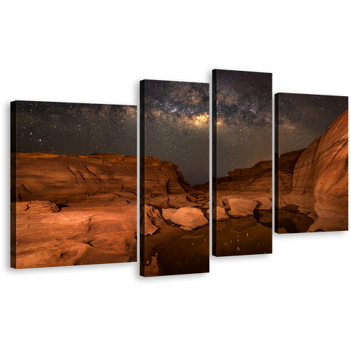 Thailand Desert Canvas Wall Art, Brown Sampanbok Natural Stone Park Canvas Print, Grey Sky Milky Way Desert Canvas Set, Grand Canyon Mountain Desert 4 Piece Canvas