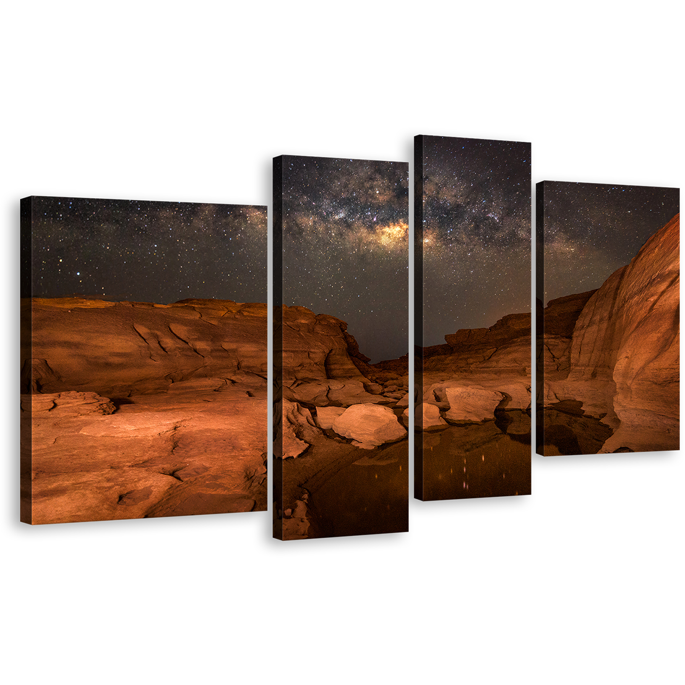 Thailand Desert Canvas Wall Art, Brown Sampanbok Natural Stone Park Canvas Print, Grey Sky Milky Way Desert Canvas Set, Grand Canyon Mountain Desert 4 Piece Canvas