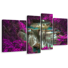 Load image into Gallery viewer, Thailand Forest Canvas Print, Beautiful White Kanchanaburi Waterfall 4 Piece Multi Canvas, Purple Huay Mae Khamin Wall Art
