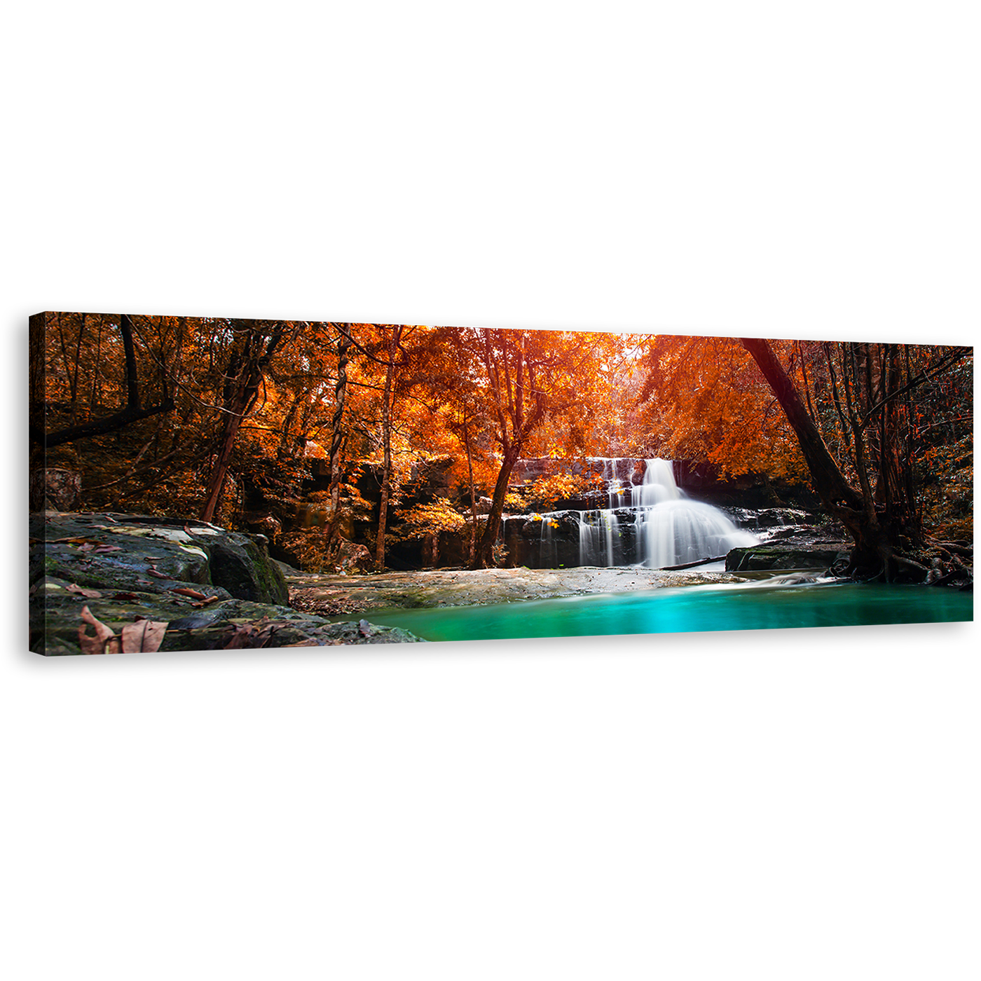 Thailand Forest Canvas Print, White Mae Kamin Waterfall 1 Piece Canvas Wall Art, Exotic Waterfall in Orange Forest Canvas Artwork, Blue Water Scenery Wide Canvas