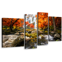 Load image into Gallery viewer, Thailand Forest Canvas Wall Art, Amazing White Waterfall in Forest 4 Piece Canvas Set, Waterfall Rock Forest Orange Trees Canvas Print
