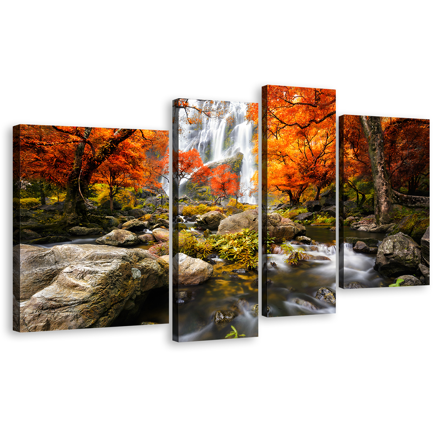 Thailand Forest Canvas Wall Art, Amazing White Waterfall in Forest 4 Piece Canvas Set, Waterfall Rock Forest Orange Trees Canvas Print