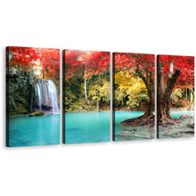 Load image into Gallery viewer, Thailand Forest Canvas Wall Art, Beautiful Erawan Falls Nature 4 Piece Multi Canvas Artwork, Colorful Erawan National Park Scenery Canvas Print
