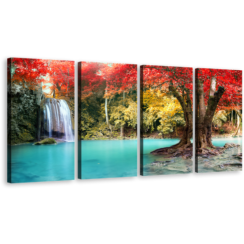 Thailand Forest Canvas Wall Art, Beautiful Erawan Falls Nature 4 Piece Multi Canvas Artwork, Colorful Erawan National Park Scenery Canvas Print