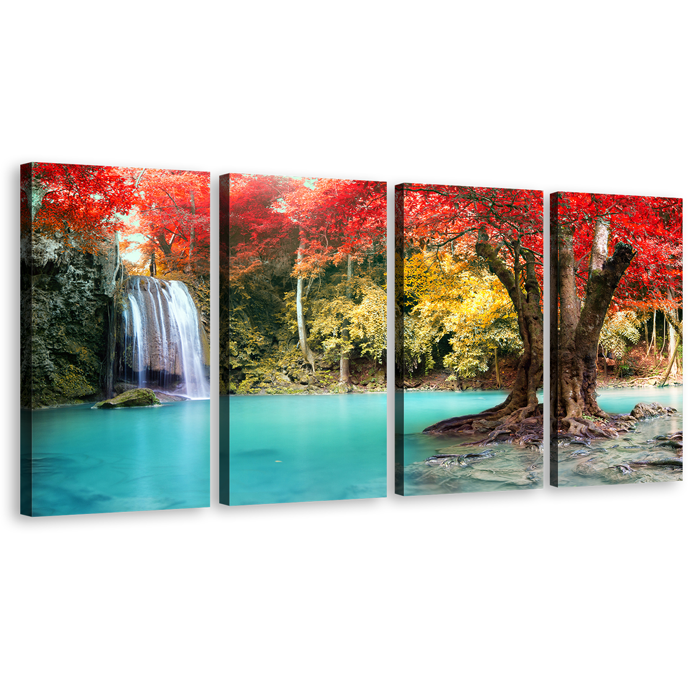 Thailand Forest Canvas Wall Art, Beautiful Erawan Falls Nature 4 Piece Multi Canvas Artwork, Colorful Erawan National Park Scenery Canvas Print