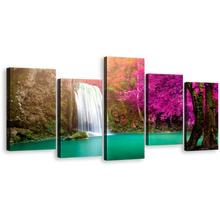 Load image into Gallery viewer, Thailand Forest Canvas Wall Art, Jungle Purple Autumn Trees Waterfall 5 Piece Canvas Set, Green River Waterfall Canvas Print
