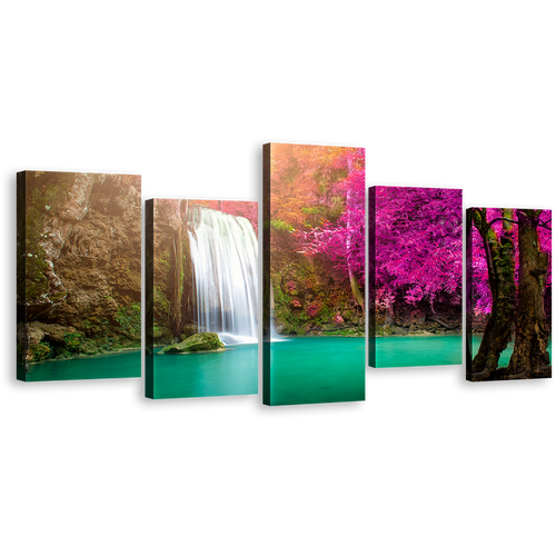 Thailand Forest Canvas Wall Art, Jungle Purple Autumn Trees Waterfall 5 Piece Canvas Set, Green River Waterfall Canvas Print