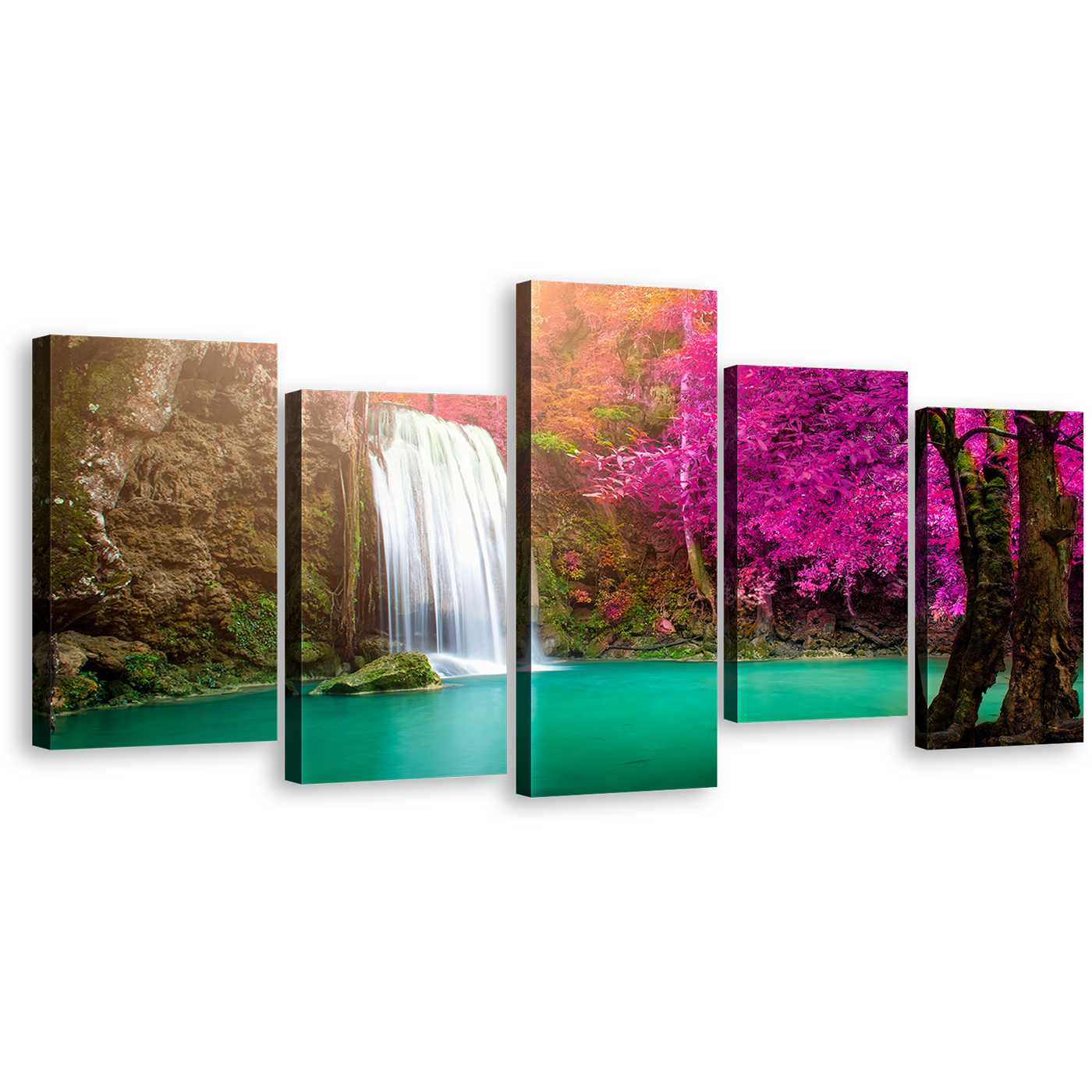 Thailand Forest Canvas Wall Art, Jungle Purple Autumn Trees Waterfall 5 Piece Canvas Set, Green River Waterfall Canvas Print