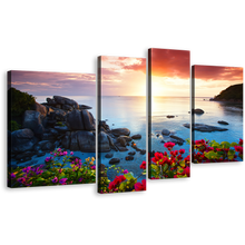 Load image into Gallery viewer, Thailand Mountains Canvas Print, Koh Samui Yellow Sunset SKy Canvas Set, Blue Tranquil Beach Flowers Ocean Mountains 4 Piece Wall Art
