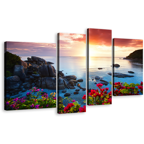 Thailand Mountains Canvas Print, Koh Samui Yellow Sunset SKy Canvas Set, Blue Tranquil Beach Flowers Ocean Mountains 4 Piece Wall Art